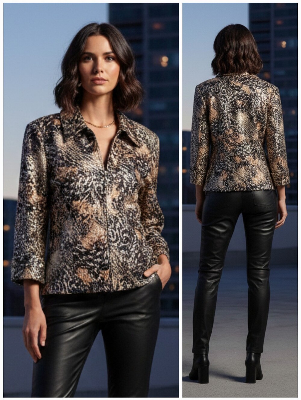 Joseph Ribkoff 10 Metallic Leopard Sequin Knit Jacket Mobwife Evening Occasion